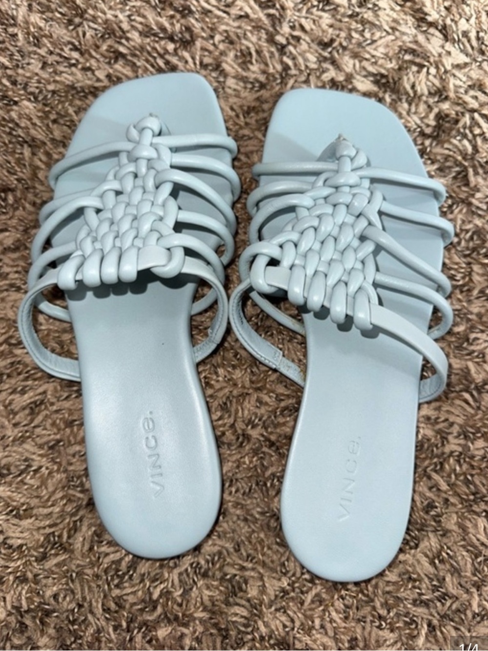 New✨ VINCE. Womens Blue Dae Square Toe Block Heel Slip On Leather Slide Sandals